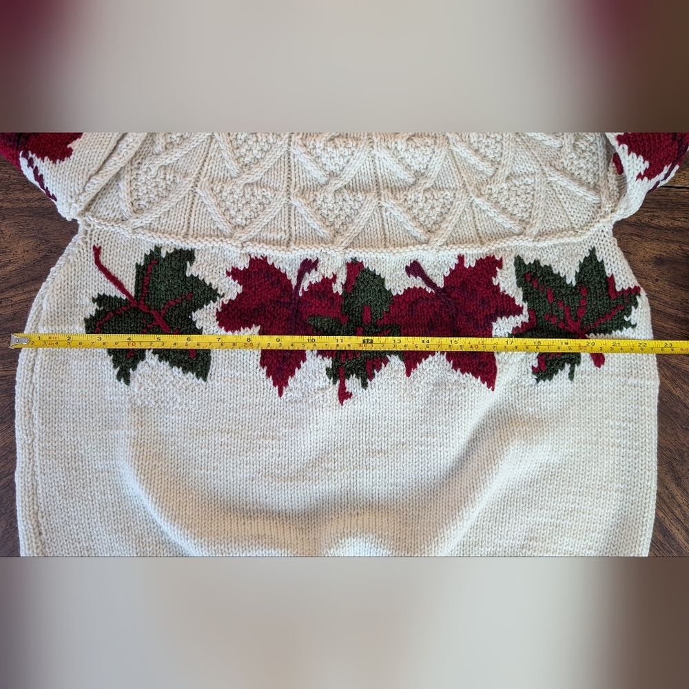 Handmade Knit Sweater, Cream w Red & Green Leaves, Crewneck Pullover Sweater - Picture 9 of 14
